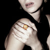 Gold Cell Ring with Fire Opal By Ayaka Nishi on model