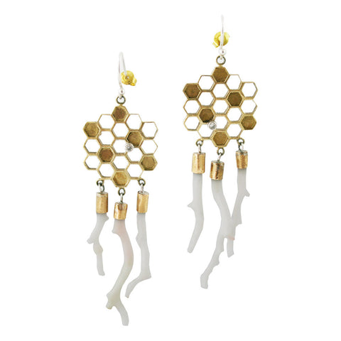 Gold Honeycomb Earring with Coral By Ayaka Nishi